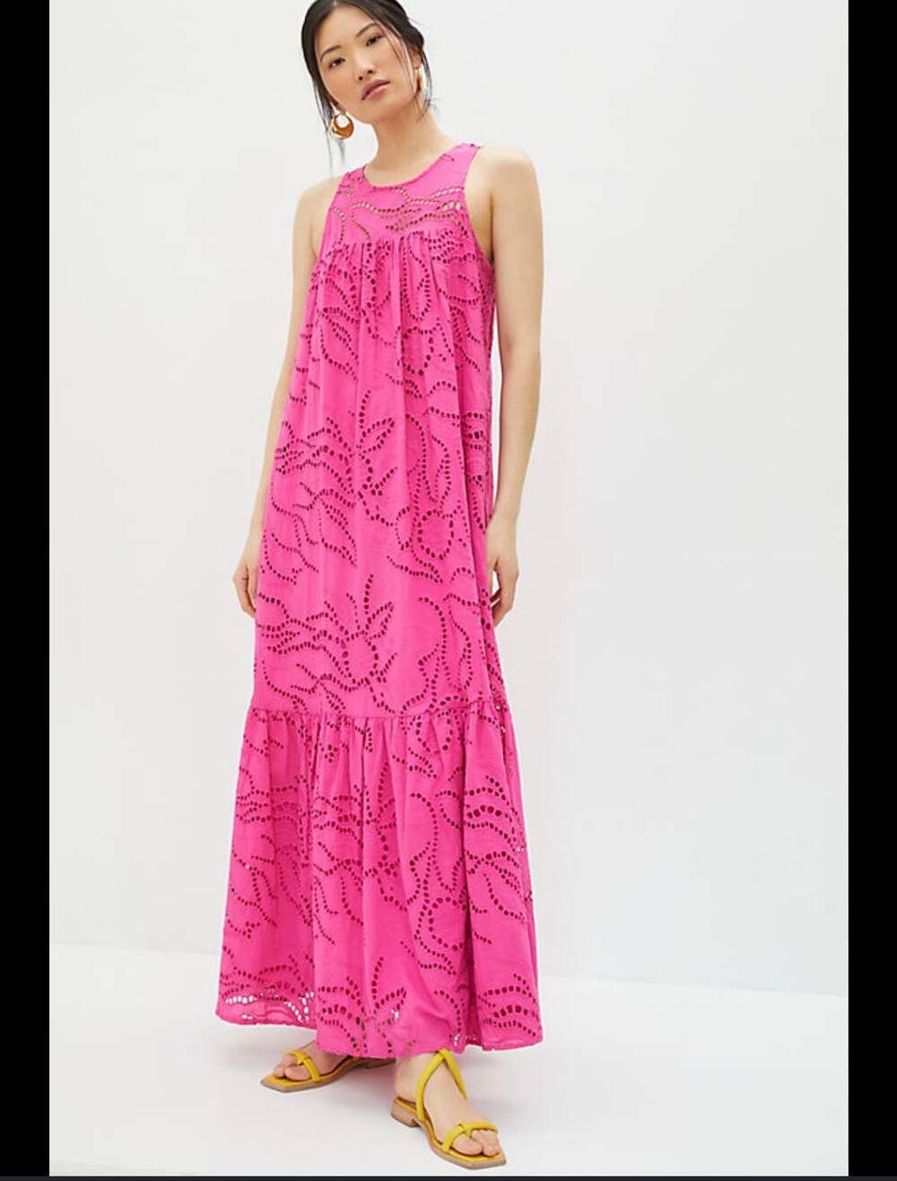 Anthropologie Maeve Belrose Sleeveless Eyelet Tiered Maxi Dress Bright Pink M